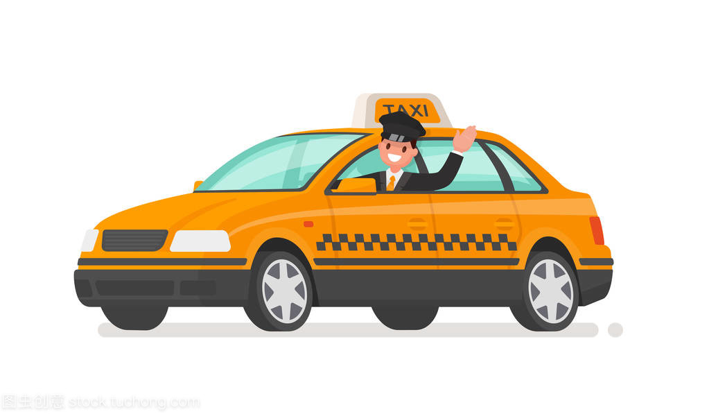 司機(jī)正在開一輛出租車。黃色計(jì)程車矢量插圖